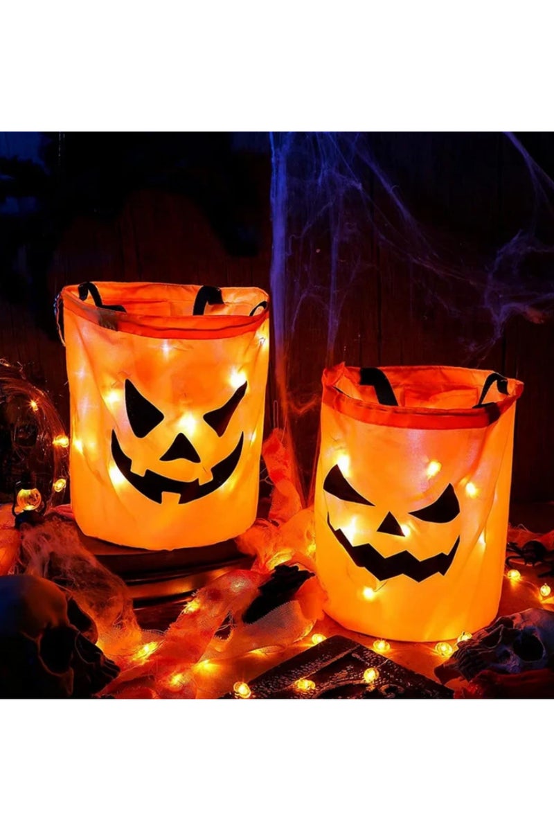 سلة هالووين قابلة للطي، دلو حلوى اليقطين، أكياس حلوى، سلة هدايا لحفلات عيد الشكر للأطفال، ديكورات هالووين برتقالية قابلة لإعادة الاستخدام، 25 × 30 سم، مصباح LED. - Image 2