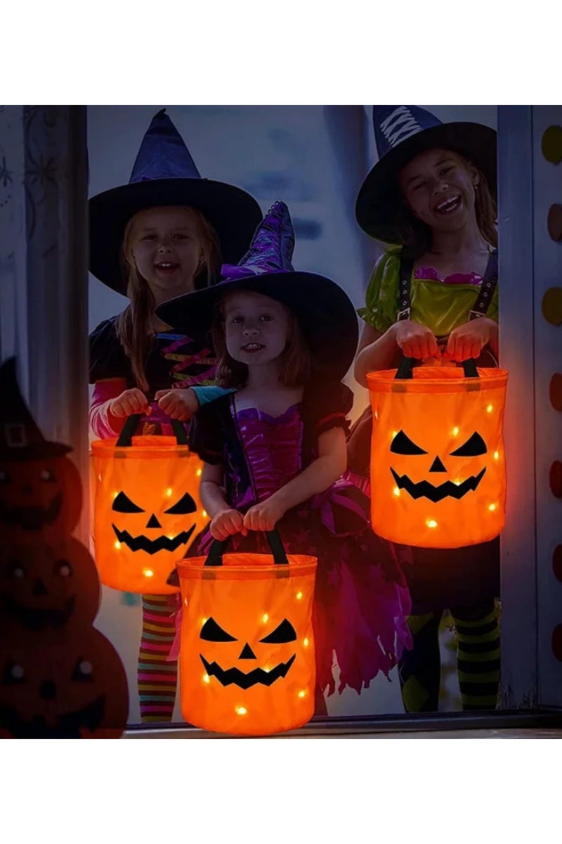 سلة هالووين قابلة للطي، دلو حلوى اليقطين، أكياس حلوى، سلة هدايا لحفلات عيد الشكر للأطفال، ديكورات هالووين برتقالية قابلة لإعادة الاستخدام، 25 × 30 سم، مصباح LED. - Image 4