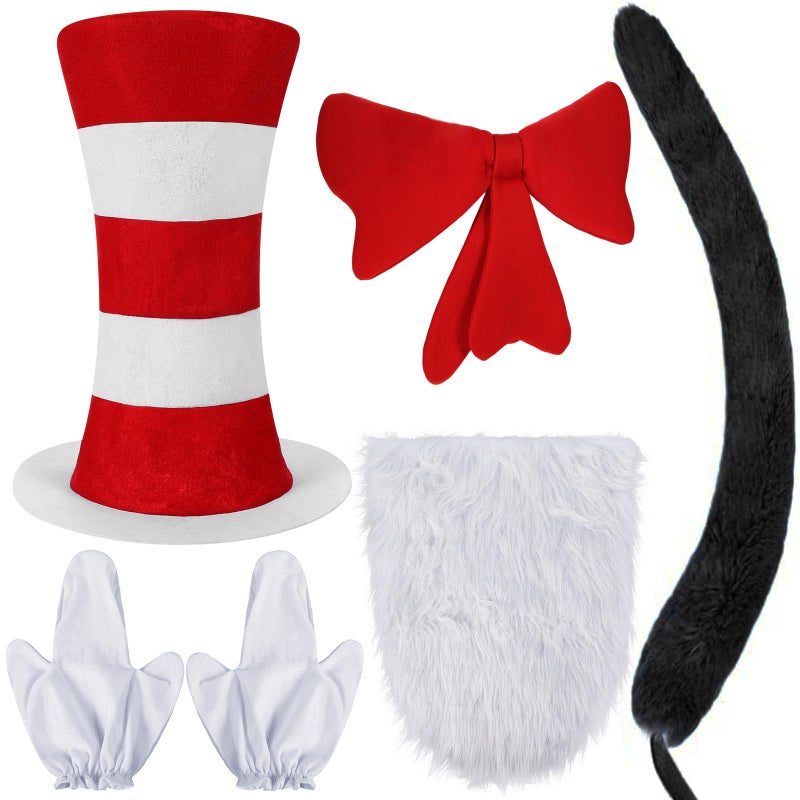 Fabllewavi 5 Pcs Cat Hat in Costume Accessories, Red White Striped Hat, Bow Tie, Gloves, Furry Scarf Fun Cat Character Outfit for Read Book Day Cosplay Supplies - Image 1