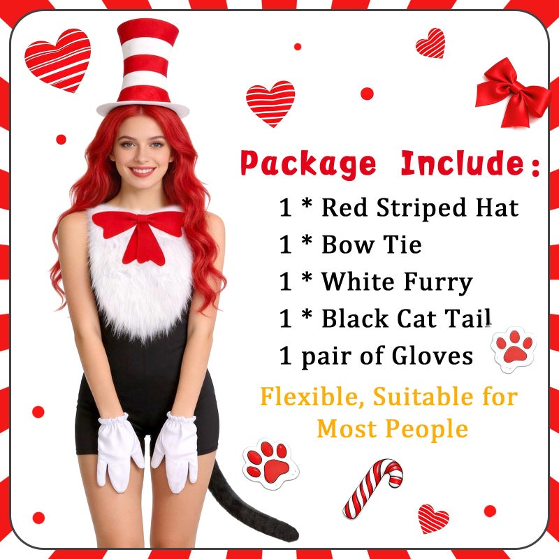Fabllewavi 5 Pcs Cat Hat in Costume Accessories, Red White Striped Hat, Bow Tie, Gloves, Furry Scarf Fun Cat Character Outfit for Read Book Day Cosplay Supplies - Image 2