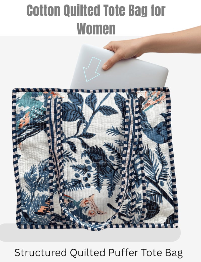Third Eye Export 100% Cotton Quilted Tote Bag 18x16â€“ Large Zipper Beach Bag & Travel Bag White Purse Reusable Grocery Bags (White Chalk Dust Blue Leaf Print) - Image 5