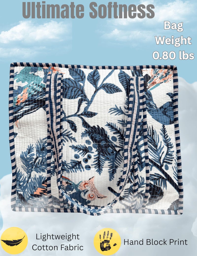 Third Eye Export 100% Cotton Quilted Tote Bag 18x16â€“ Large Zipper Beach Bag & Travel Bag White Purse Reusable Grocery Bags (White Chalk Dust Blue Leaf Print) - Image 3