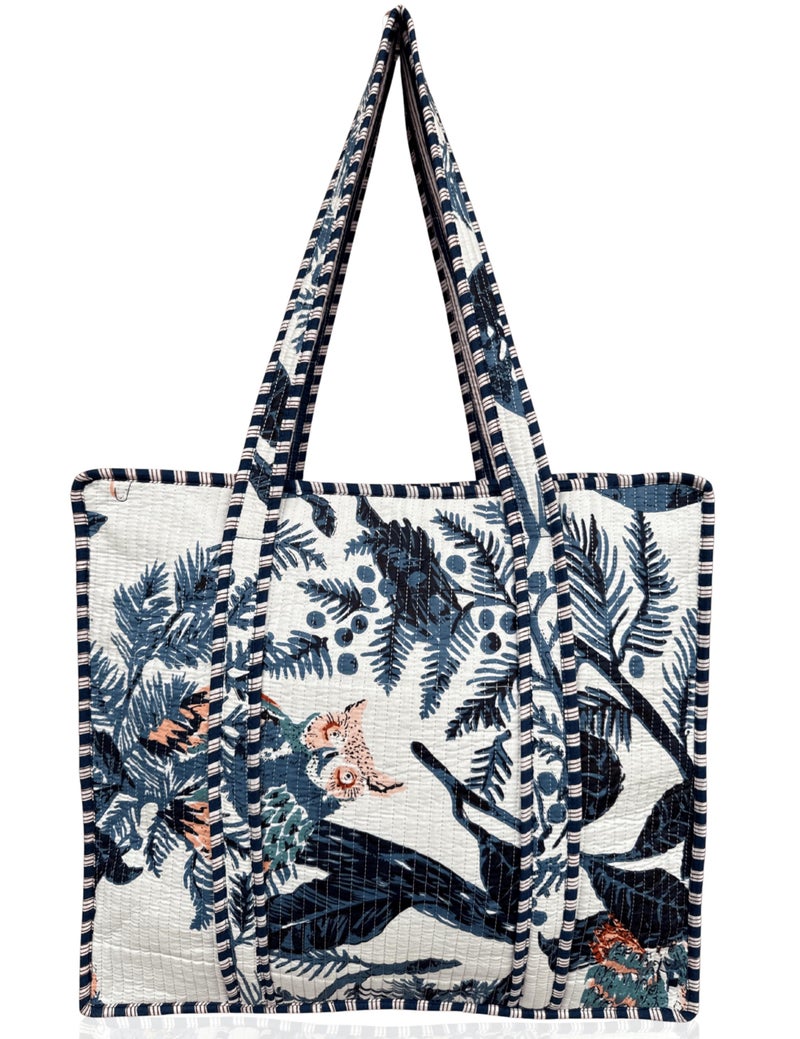 Third Eye Export 100% Cotton Quilted Tote Bag 18x16â€“ Large Zipper Beach Bag & Travel Bag White Purse Reusable Grocery Bags (White Chalk Dust Blue Leaf Print) - Image 1