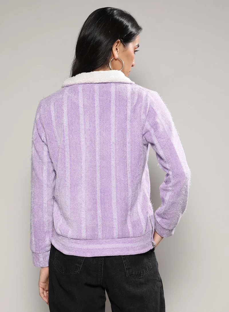 Campus Sutra Women's Lilac Textured Self-Design Striped Sweatshirt