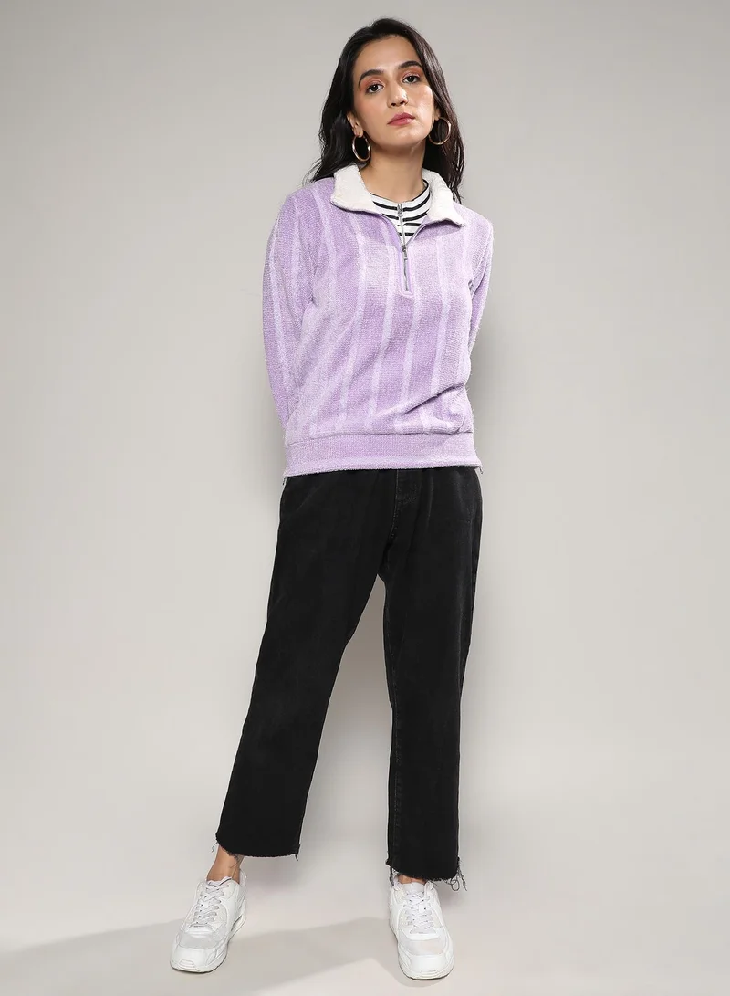 Campus Sutra Women's Lilac Textured Self-Design Striped Sweatshirt