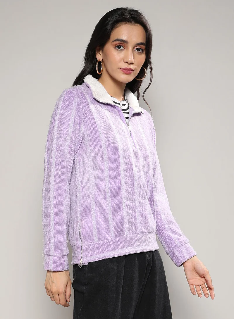 Campus Sutra Women's Lilac Textured Self-Design Striped Sweatshirt