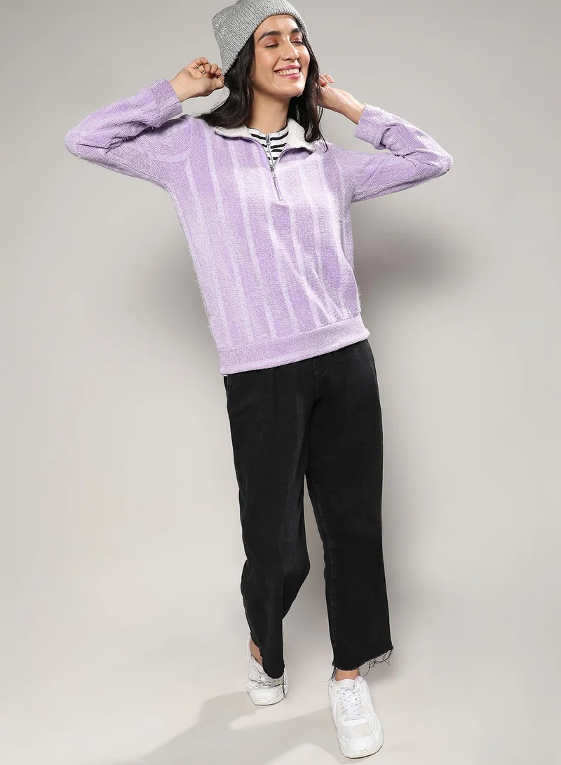 Campus Sutra Women's Lilac Textured Self-Design Striped Sweatshirt