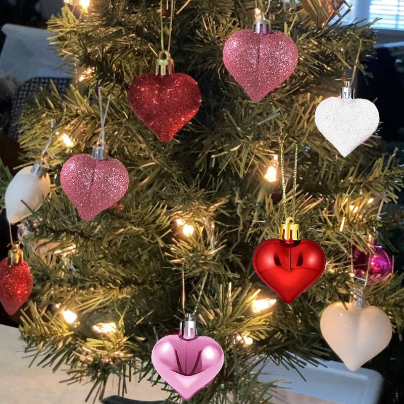 YIRHYZC Valentine's Day Heart Ornaments for Tree - Valentine Ornaments Valentines Tree Decorations - Glitter Rose Gold Red White - Mini 24 Pcs - Image 2