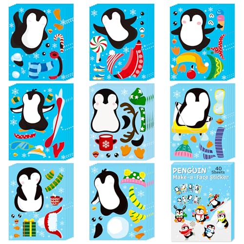 B1ykin Christmas Face Sticker Kit 40 Sheets DIY Winter Make a Face Sticker for Kids Make Your Own Mix Match Art Craft for Boys Girls Birthday School Activity Game and Stocking Stuffer Penguin - Image 1