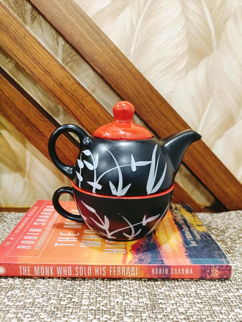 Caffeine Ceramic Handmade Black Bamboo 2 in 1 Tea Pot Set of 1 - Image 1