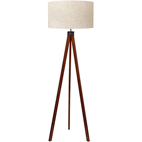 LEPOWER Wood Tripod Floor Lamp, Mid Century Standing Lamp, Modern Design Studying Light for Living Room, Bedroom, Study Room and Office, Flaxen Linen Shade with E26 Base Brown - Image 1