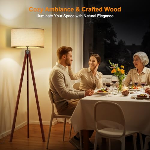LEPOWER Wood Tripod Floor Lamp, Mid Century Standing Lamp, Modern Design Studying Light for Living Room, Bedroom, Study Room and Office, Flaxen Linen Shade with E26 Base Brown - Image 4