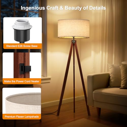 LEPOWER Wood Tripod Floor Lamp, Mid Century Standing Lamp, Modern Design Studying Light for Living Room, Bedroom, Study Room and Office, Flaxen Linen Shade with E26 Base Brown - Image 3