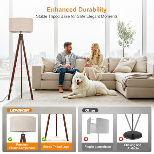 LEPOWER Wood Tripod Floor Lamp, Mid Century Standing Lamp, Modern Design Studying Light for Living Room, Bedroom, Study Room and Office, Flaxen Linen Shade with E26 Base Brown - Image 2