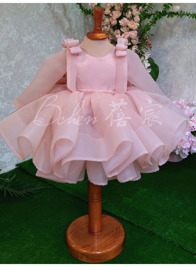 Girls' One-year-old Dress Flower Girl Puffy Skirt Baby Small Host Long Sleeve Children Piano Performance Princess Skirt