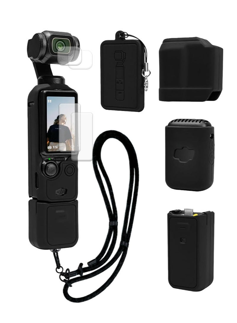 Apustim Accessory Kit For DJI Osmo Pocket 3，Including a Soft Silicone Protective Case，a Three In One Lanyard，Two Sets Of Screen Lens Protectors，And a Grip Protector （Black） - Image 1
