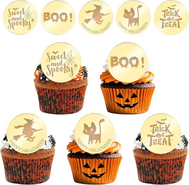 Wolpark 20Pcs Gold Halloween Spooky Cupcake Toppers Acrylic Bat Boo Cupcake Picks for Halloween Theme Party Decorations Supplies - Image 1