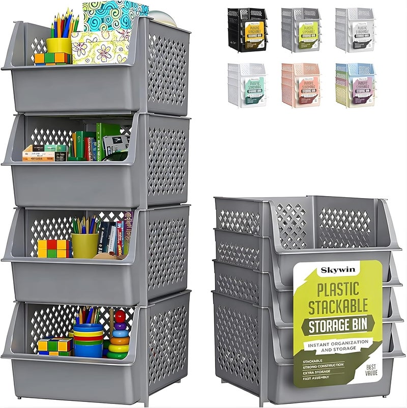 Skywin Stackable Storage Bins Open Front for Pantry Storage, 4 Pack - Grey | Sturdy Plastic, Easy Stacking, Open Front Access, Ventilated Sides, Vertical & Space Saving Pantry Organizers and Storage Bin - Image 1