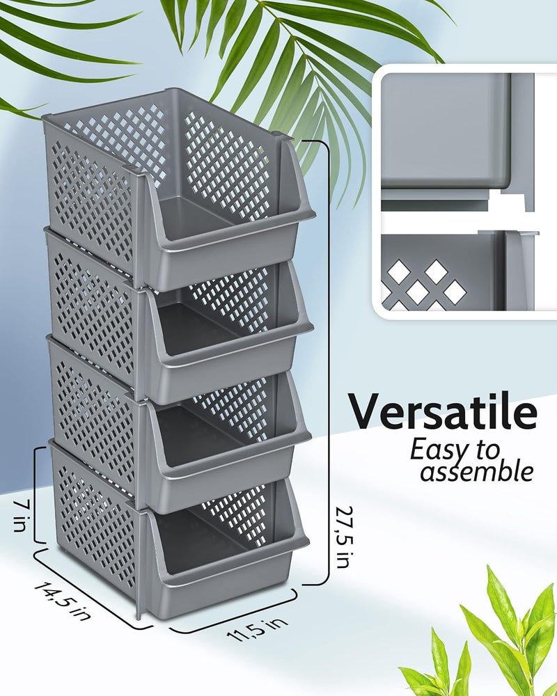 Skywin Stackable Storage Bins Open Front for Pantry Storage, 4 Pack - Grey | Sturdy Plastic, Easy Stacking, Open Front Access, Ventilated Sides, Vertical & Space Saving Pantry Organizers and Storage Bin - Image 2