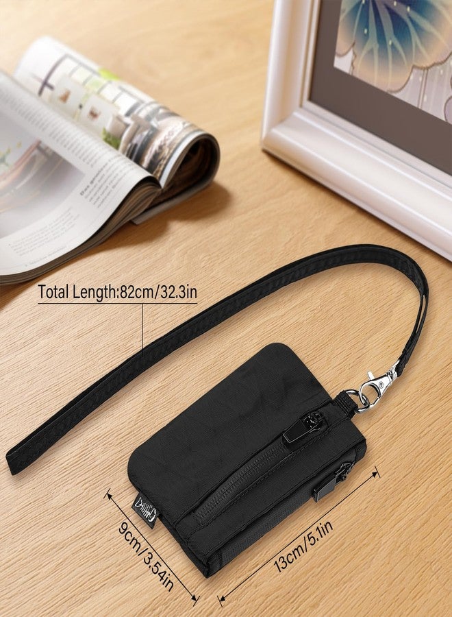 JONYEE Small Wallet with 2 Invisible Zipper Pockets&Lanyard&Keychain Water Resistant ID Case Card Holder Coin Purse Badge Pouch for Boys Girls Women Men Travel Sports Outdoor - Black - Image 2