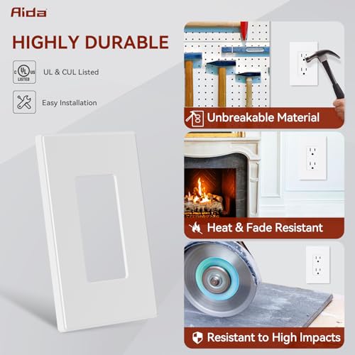 AIDA 1-Gang Screwless Decorative Wall Plates, Mid-Size Unbreakable Thermoplastic Faceplate Cover for Decorator Receptacle Outlet Switch, UL Listed (10 Pack, Matte White) - Image 2