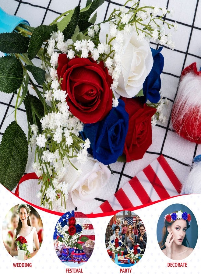 ZAUGONTW 28 Pcs Red White and Blue Flowers, Patriotic Memorial Bouquet Atificial Flowers, Thank You Veterans Roses with American Flags, Artificial Full Blooming Flower for Memorial Day, Red/Blue/White - Image 4