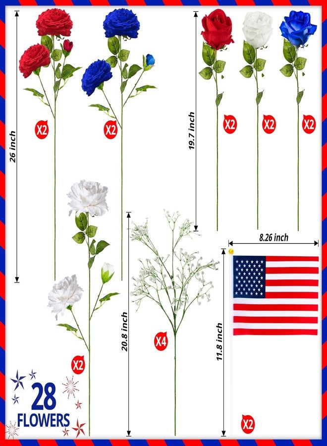 ZAUGONTW 28 Pcs Red White and Blue Flowers, Patriotic Memorial Bouquet Atificial Flowers, Thank You Veterans Roses with American Flags, Artificial Full Blooming Flower for Memorial Day, Red/Blue/White - Image 2
