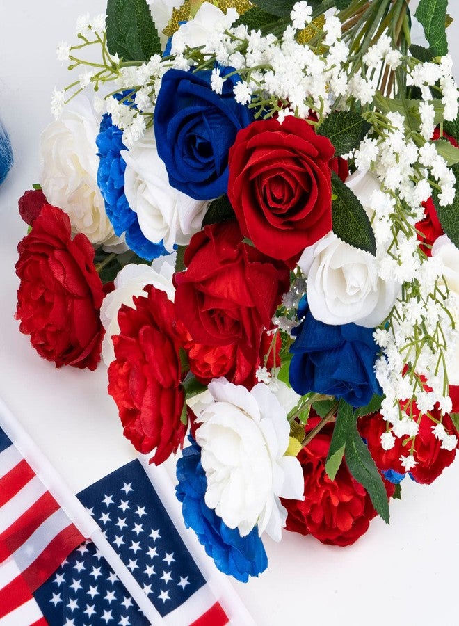 ZAUGONTW 28 Pcs Red White and Blue Flowers, Patriotic Memorial Bouquet Atificial Flowers, Thank You Veterans Roses with American Flags, Artificial Full Blooming Flower for Memorial Day, Red/Blue/White - Image 3