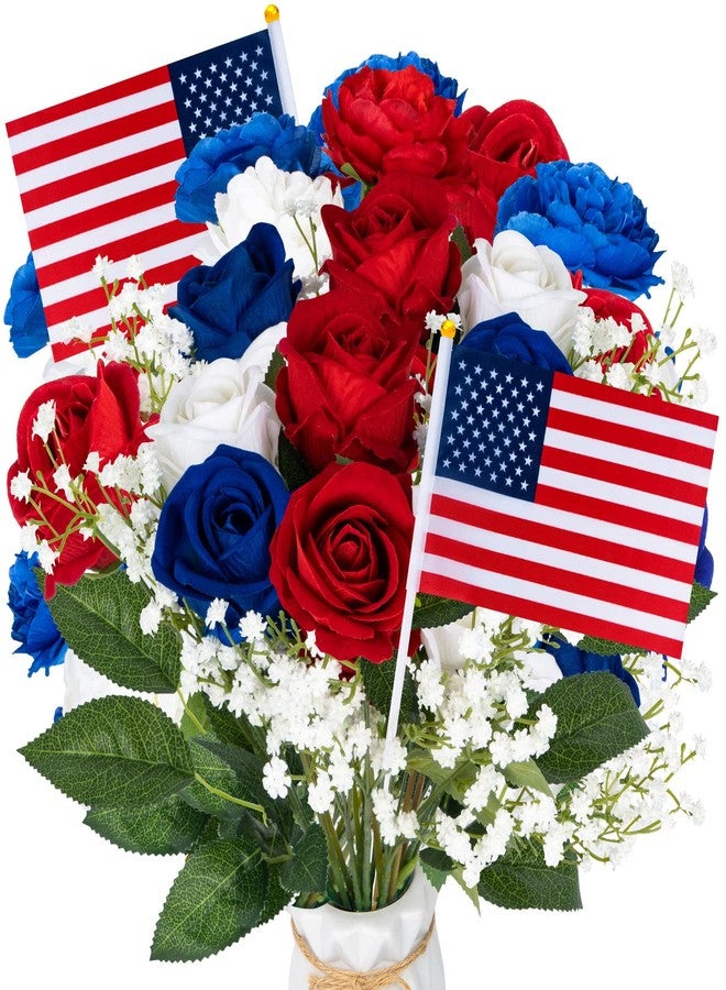 ZAUGONTW 28 Pcs Red White and Blue Flowers, Patriotic Memorial Bouquet Atificial Flowers, Thank You Veterans Roses with American Flags, Artificial Full Blooming Flower for Memorial Day, Red/Blue/White - Image 1