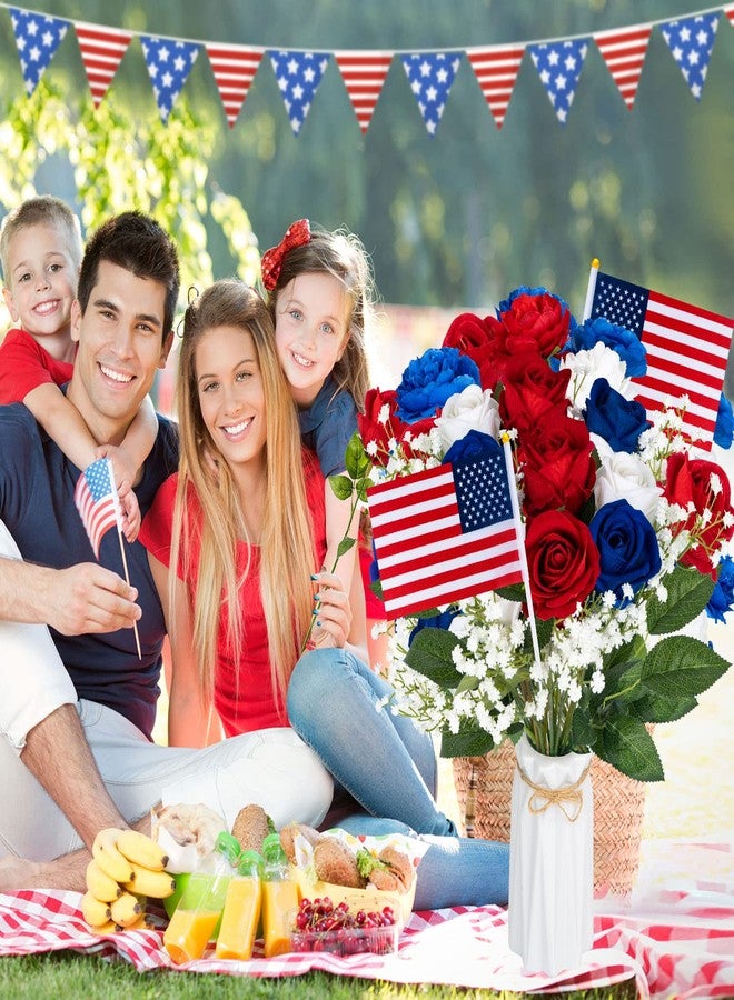ZAUGONTW 28 Pcs Red White and Blue Flowers, Patriotic Memorial Bouquet Atificial Flowers, Thank You Veterans Roses with American Flags, Artificial Full Blooming Flower for Memorial Day, Red/Blue/White - Image 5