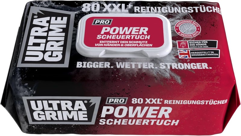 UltraGrime مناديل التلميع والتنظيف القوية أولترا جراييم برو، مناديل صناعية قوية لإزالة الأوساخ من جميع الأسطح، 80 منديلاً مبللاً بحجم كبير جداً، مقاس 38 سم × 25 سم - Image 1