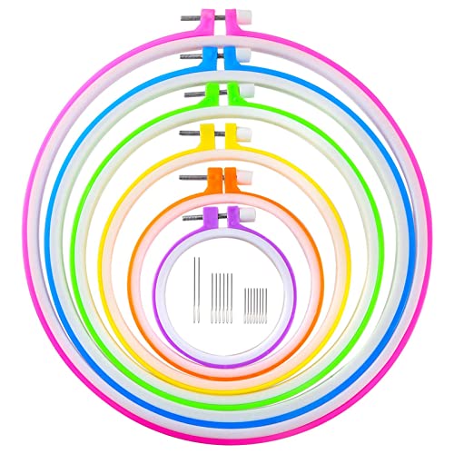 Caydo 6 Pieces Embroidery Hoops and 15 Needles, Plastic Circle Cross Stitch Hoop Ring Embroidery Circle Set, 3.4 inch to 10.4 inch (Multicolor) - Image 1