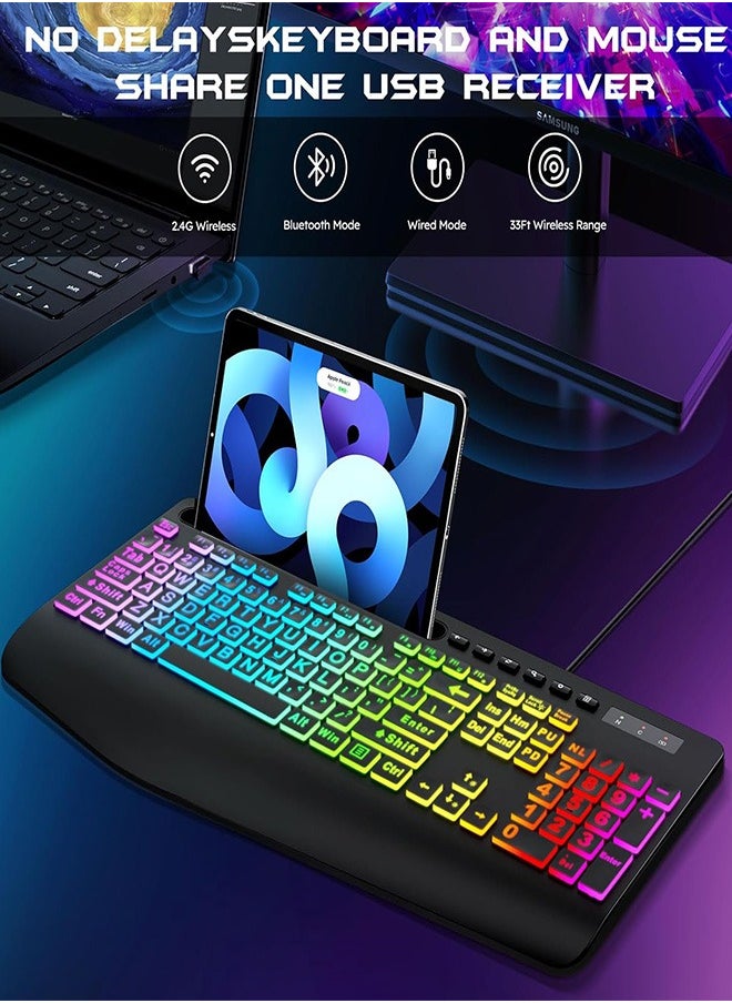 Garlo - Garlo Wireless Keyboard and Mouse Combo, Membrane Silent Gaming Keyboard with Mechanical Feeling, Full-Size Bluetooth/2.4GHz/wired keyboard, RGB Backlit, Ergonomic Wrist Rest for PC/Computer/Mac/PS5 - Image 1