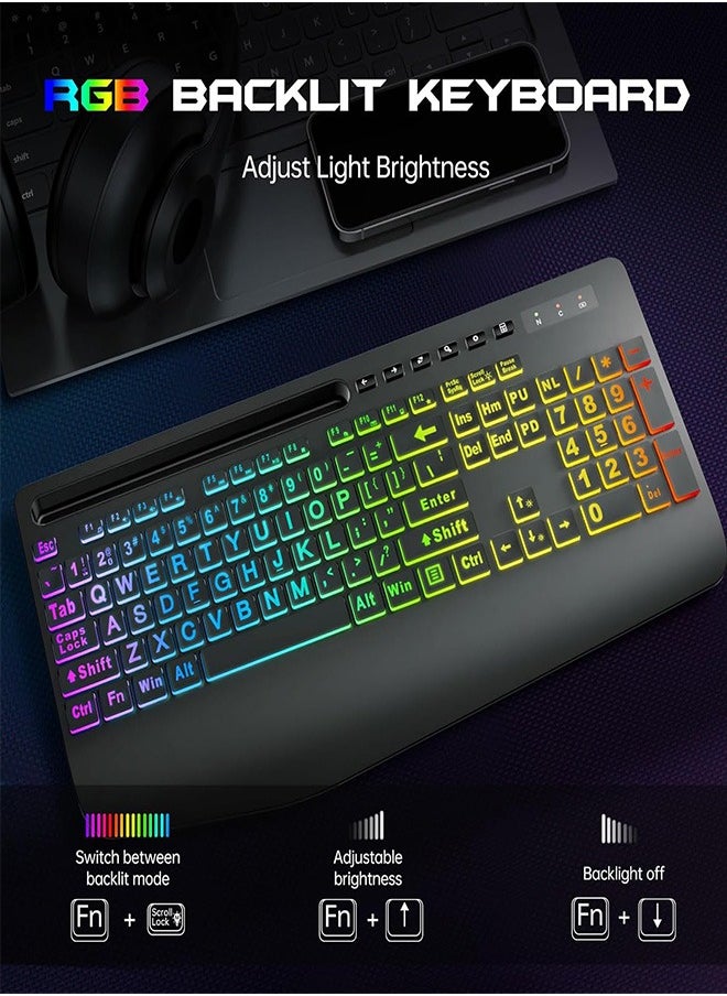 Garlo - Garlo Wireless Keyboard and Mouse Combo, Membrane Silent Gaming Keyboard with Mechanical Feeling, Full-Size Bluetooth/2.4GHz/wired keyboard, RGB Backlit, Ergonomic Wrist Rest for PC/Computer/Mac/PS5 - Image 1