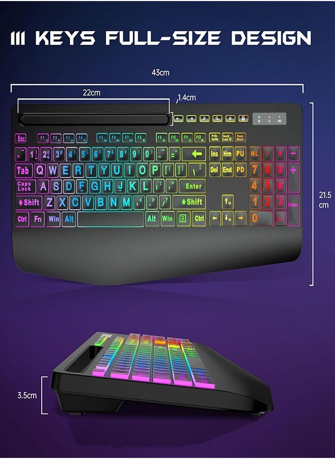 Garlo - Garlo Wireless Keyboard and Mouse Combo, Membrane Silent Gaming Keyboard with Mechanical Feeling, Full-Size Bluetooth/2.4GHz/wired keyboard, RGB Backlit, Ergonomic Wrist Rest for PC/Computer/Mac/PS5 - Image 1