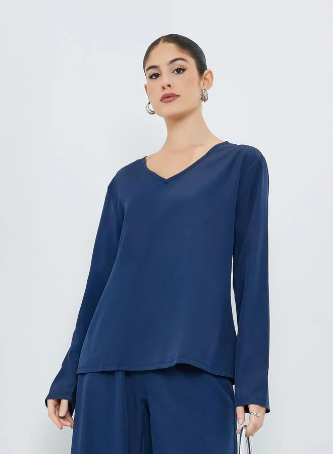 Amirah Navy Blue Plain V Neck Top and Pants Co-Ords
