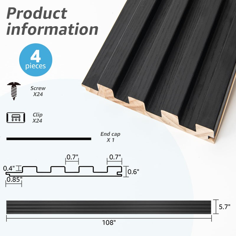 Art3d Slat Wood Wall Paneling for Interior and Ceiling Decoration - Pack of 4pcs + 1pc End-Trim, Size 108 x 5.7in.- Black - Image 4