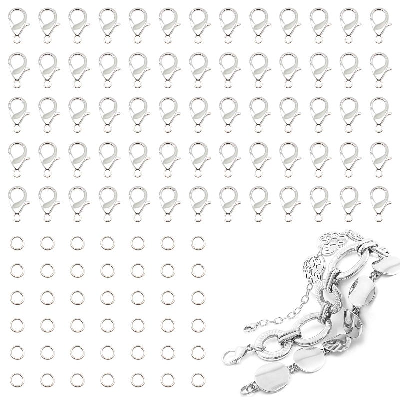 FENGWANGLI Lobster Claw Clasps 300 Pcs 12mm Bracelet Closures with Jump Rings for Jewelry Making DIY Keychain Necklace by FENGWANGLISilver