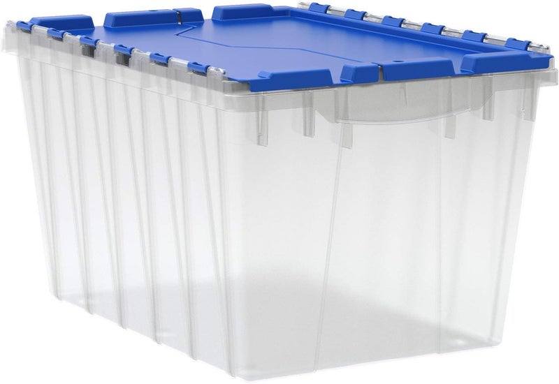 Akro-Mils AkroMils KeepBox 12 Gallon Storage Container Nesting and Stackable Plastic Storage Box with Lid Attached Clear Tote for Garages Closets and Moving 2112 x 15 x 1212 ClearBlue