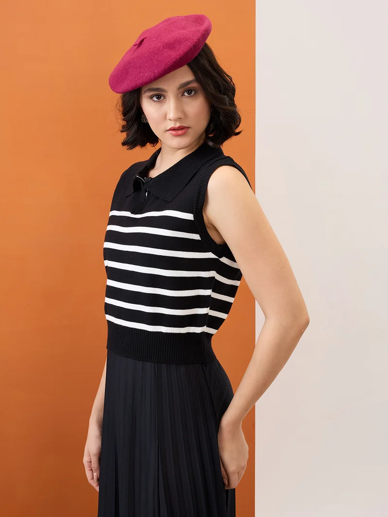 globus Globus Women Black Zippered Shirt Collar Striped Flat Knit Ribbed Vest Top