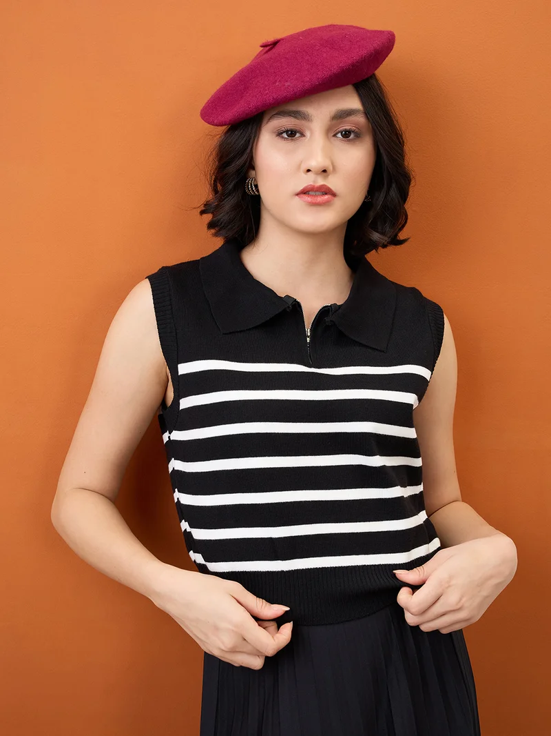 globus Globus Women Black Zippered Shirt Collar Striped Flat Knit Ribbed Vest Top
