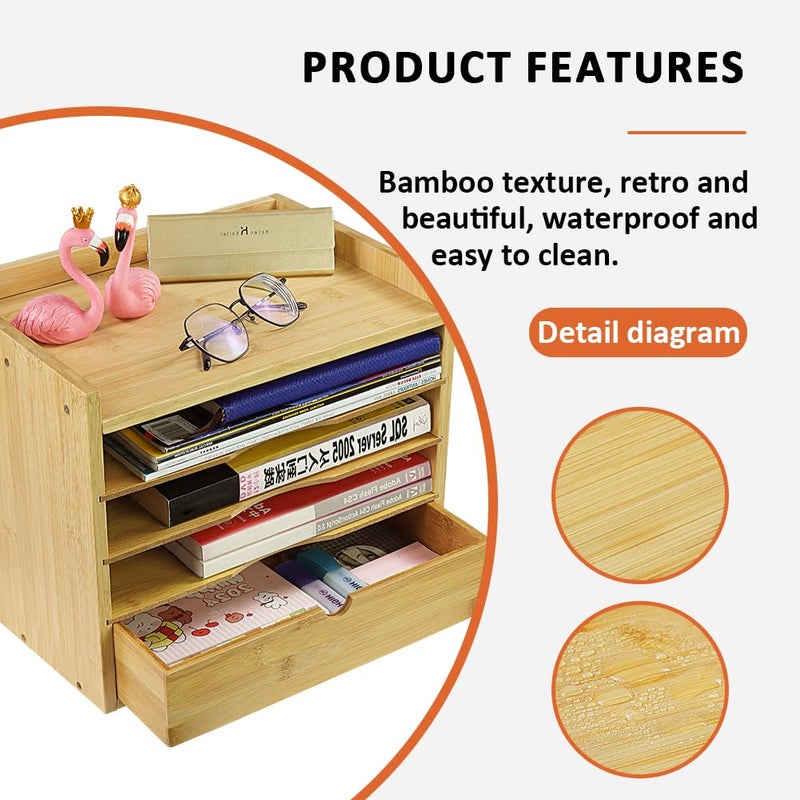 KKTONER 5-Tier Bamboo Desk Organizer with Drawer Tabletop File Organizer Document Holder with Shelf Desktop Cabinet for Home Office School Supplies (Natural) - Image 4