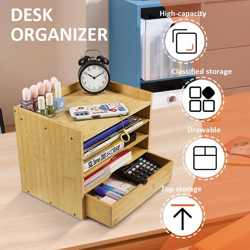 KKTONER 5-Tier Bamboo Desk Organizer with Drawer Tabletop File Organizer Document Holder with Shelf Desktop Cabinet for Home Office School Supplies (Natural) - Image 2