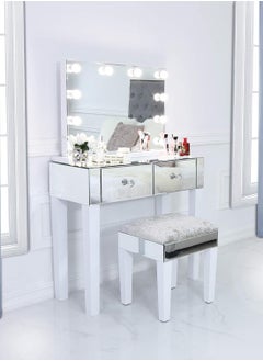 VANITY LIVING VANITY LIVING Dressing Table Set, Hollywood Mirror with 10 Dimmable LED Makeup Lights + 2 Drawers Modern Mirrored Dressing Table and Stool for Bedroom Furniture  - Image 1