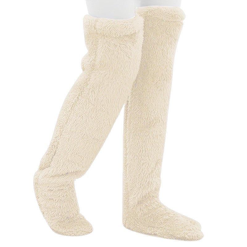 Wanheart Over Knee Lightweight Fuzzy Socks, Plush Slipper Stockings, Cozy Leg Warmers for Men & Women â€“ Open Toe Design for Home & Sleep (Cream) - Image 1