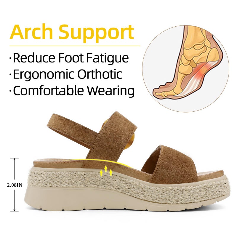 UBFEN Womens Espadrille Platform Sandals Low Wedge Heel - Orthopedic Arch Support, Cushion Insole, Comfortable Dressy Buckle Sandals for Walking and Vacation A Brown Size US 9 - Image 5