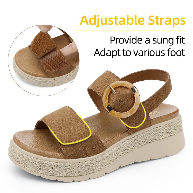 UBFEN Womens Espadrille Platform Sandals Low Wedge Heel - Orthopedic Arch Support, Cushion Insole, Comfortable Dressy Buckle Sandals for Walking and Vacation A Brown Size US 9 - Image 4