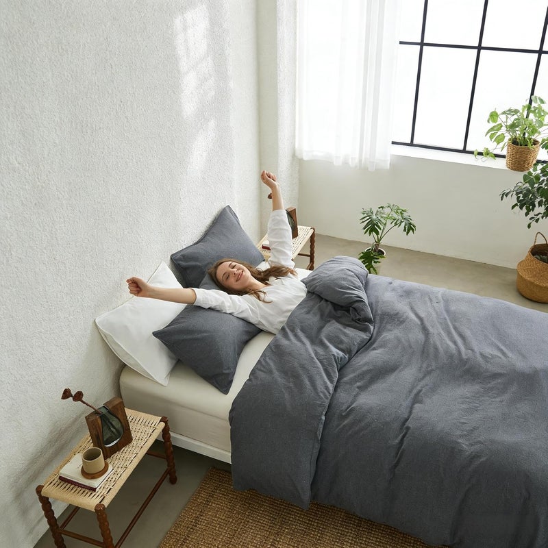 Simple&Opulence Duvet Cover Set 100% Washed Cotton Comfy Soft Breathable Cozy Textured Solid Color Comforter Cover for All Seasons Bedding Sets, Charcoal Grey King 220x240cm - Image 3