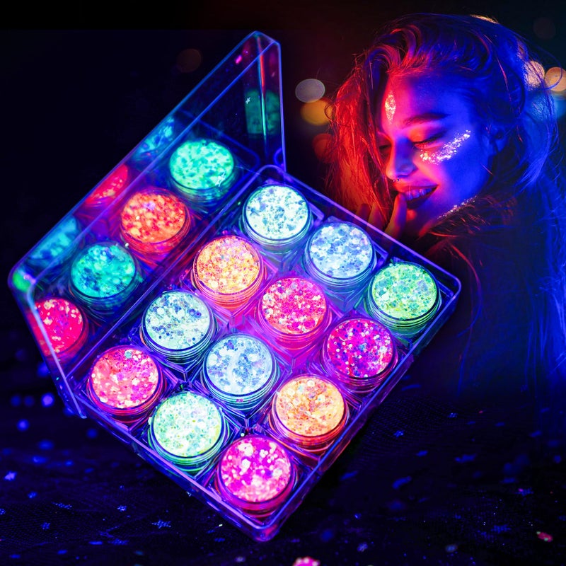 LATIBELL Glow in The Dark Body Face Glitter Gel for Women, 12 Colors Glitter Gel Makeup Chunky Fine Glitter, UV Black Light Accessories for Body/Face/Hair/Eyeshadow, Carnival Party(Not Loose Glitter) - Image 1