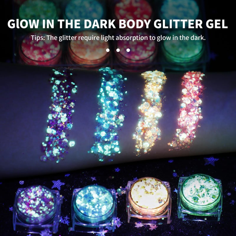 LATIBELL Glow in The Dark Body Face Glitter Gel for Women, 12 Colors Glitter Gel Makeup Chunky Fine Glitter, UV Black Light Accessories for Body/Face/Hair/Eyeshadow, Carnival Party(Not Loose Glitter) - Image 5
